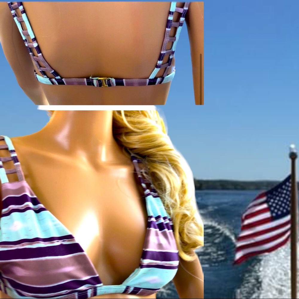 Tori Praver Triangle Bikini Top 👙 Turquoise Striped
